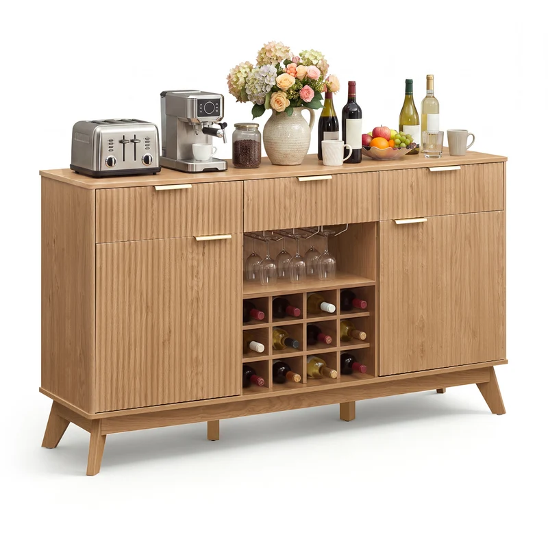 Wine Bar Cabinet, 2 Doors, 3 Glass Holders, Natural