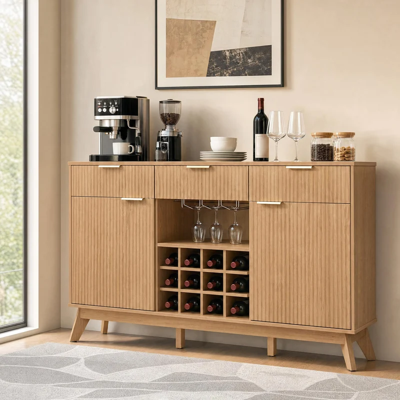 Wine Bar Cabinet, 2 Doors, 3 Glass Holders, Natural