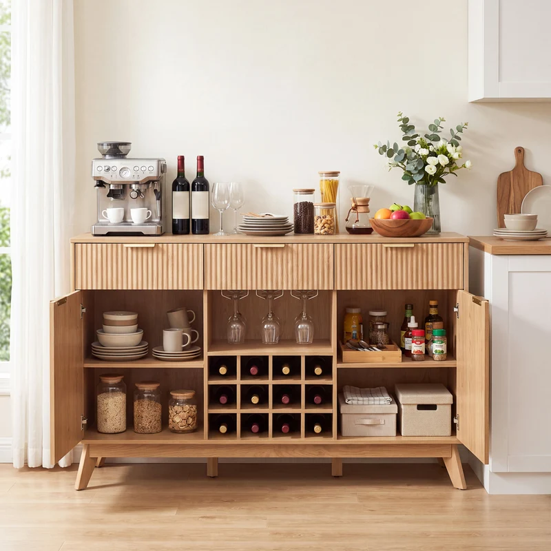 Wine Bar Cabinet, 2 Doors, 3 Glass Holders, Natural