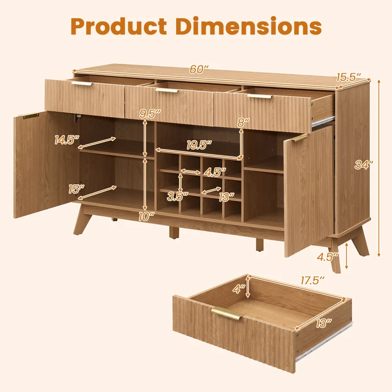 Wine Bar Cabinet, 2 Doors, 3 Glass Holders, Natural
