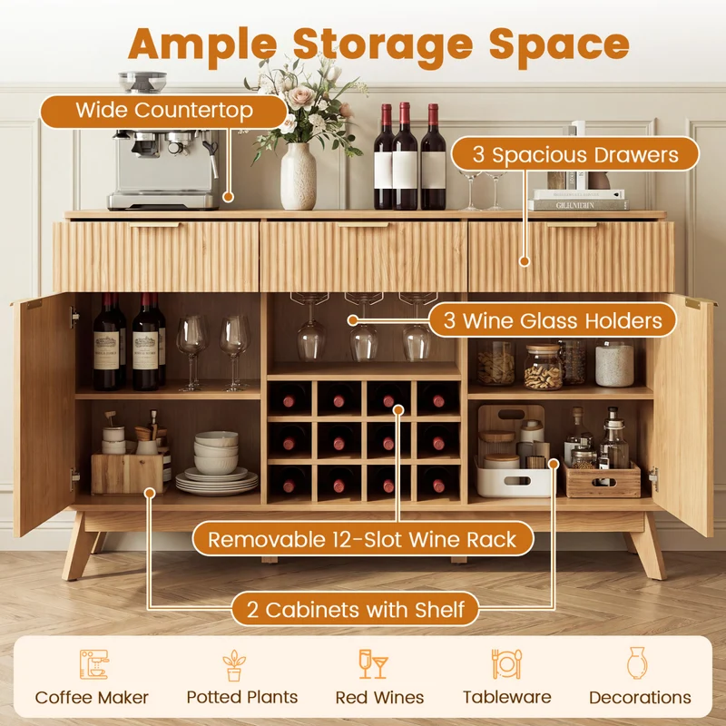 Wine Bar Cabinet, 2 Doors, 3 Glass Holders, Natural