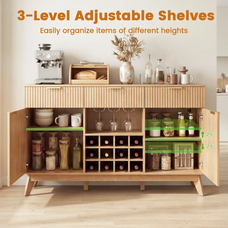 Wine Bar Cabinet, 2 Doors, 3 Glass Holders, Natural