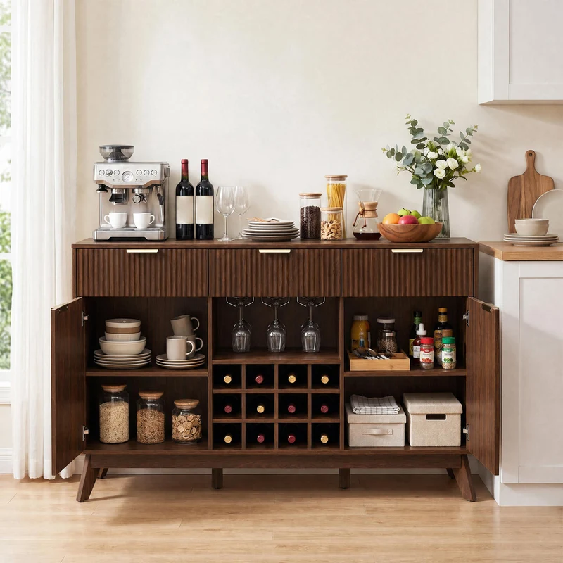 Wine Bar Cabinet, Adjustable Shelves, 2 Doors, 3 Glass Holders, Brown