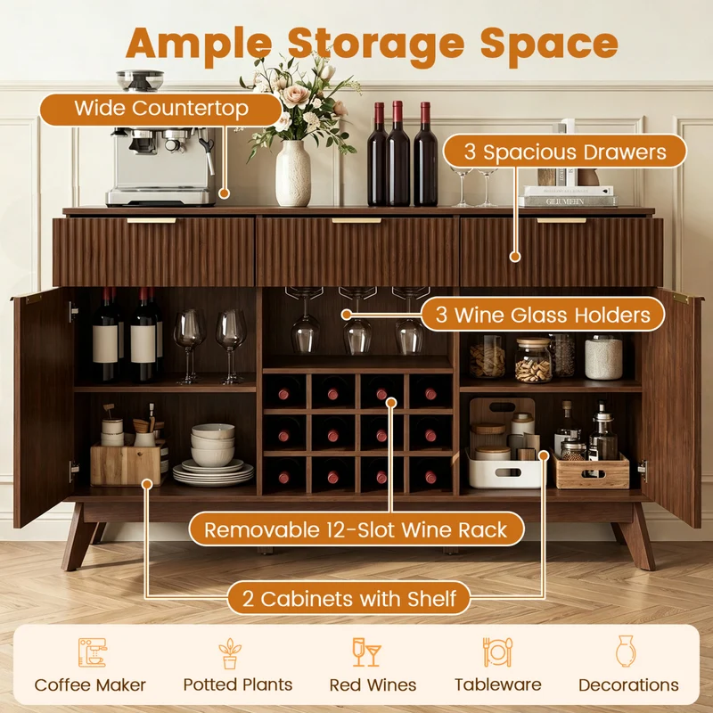 Wine Bar Cabinet, Adjustable Shelves, 2 Doors, 3 Glass Holders, Brown