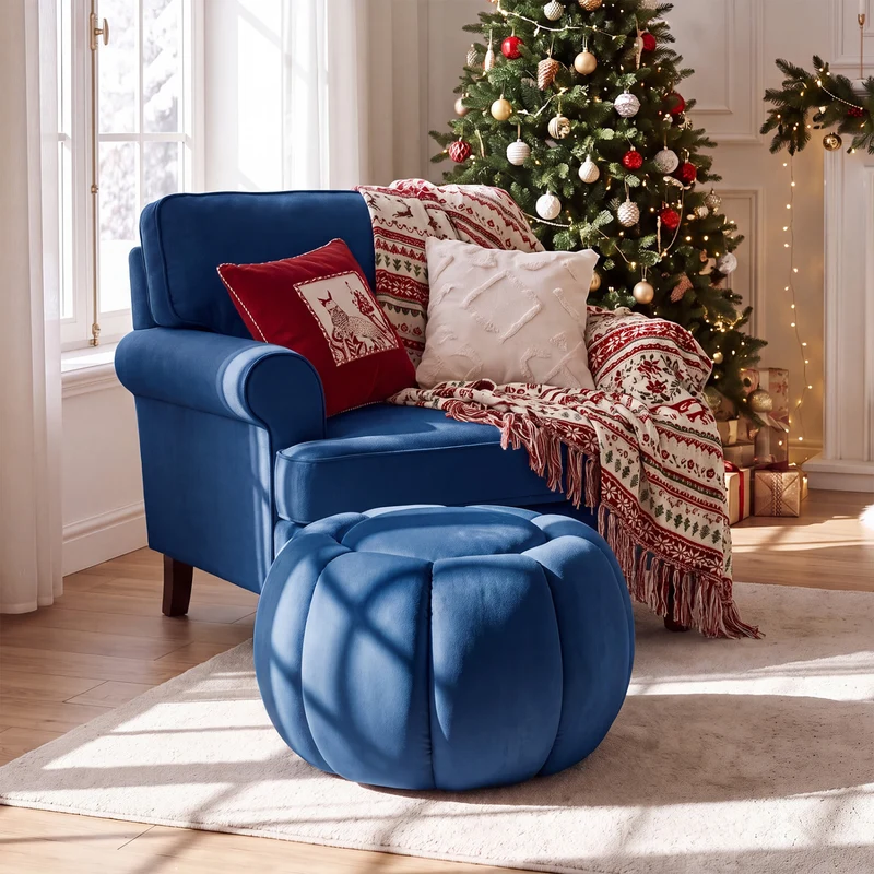 Pumpkin Ottoman, Hidden Storage, Removable Lid, Blue
