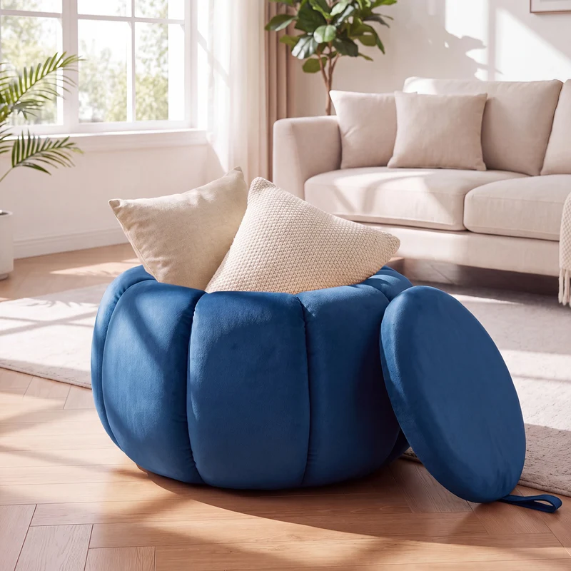 Pumpkin Ottoman, Hidden Storage, Removable Lid, Blue
