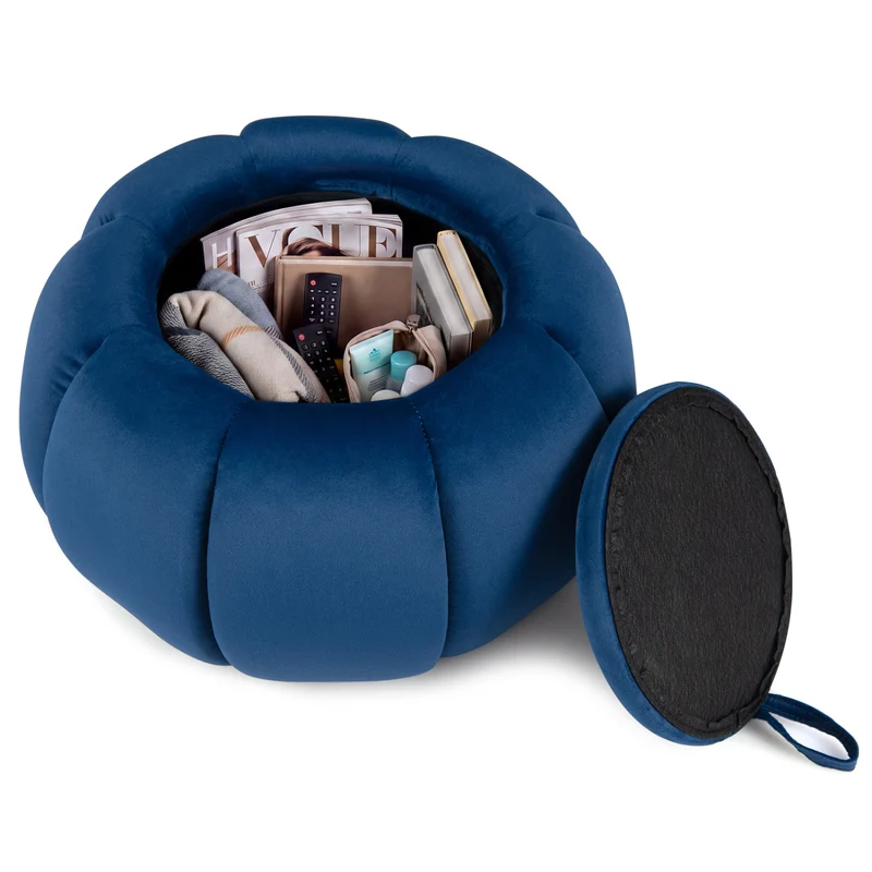 Pumpkin Ottoman, Hidden Storage, Removable Lid, Blue
