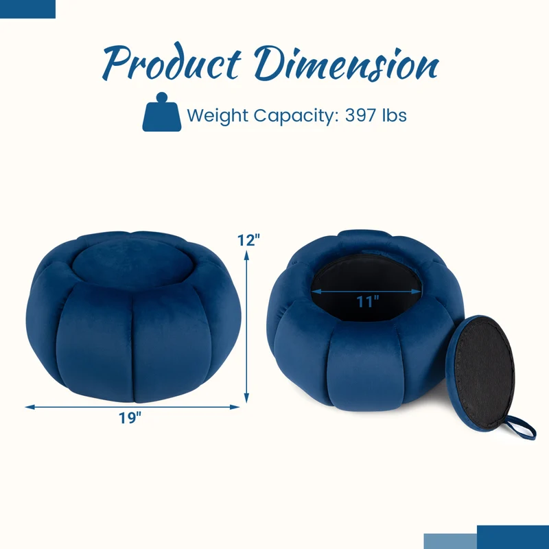 Pumpkin Ottoman, Hidden Storage, Removable Lid, Blue