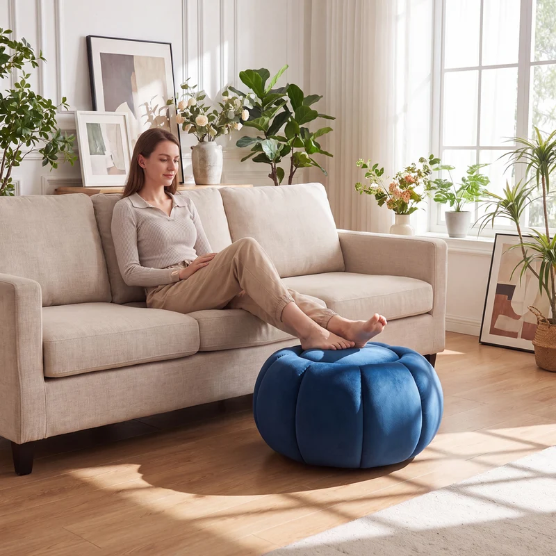 Pumpkin Ottoman, Hidden Storage, Removable Lid, Blue