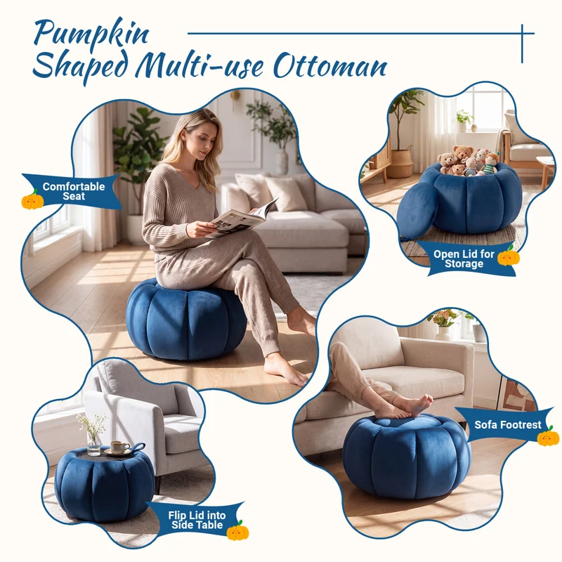 Pumpkin Ottoman, Hidden Storage, Removable Lid, Blue