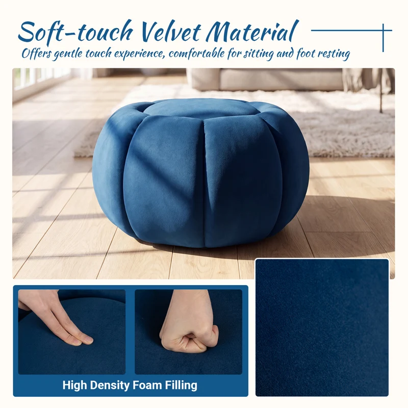 Pumpkin Ottoman, Hidden Storage, Removable Lid, Blue