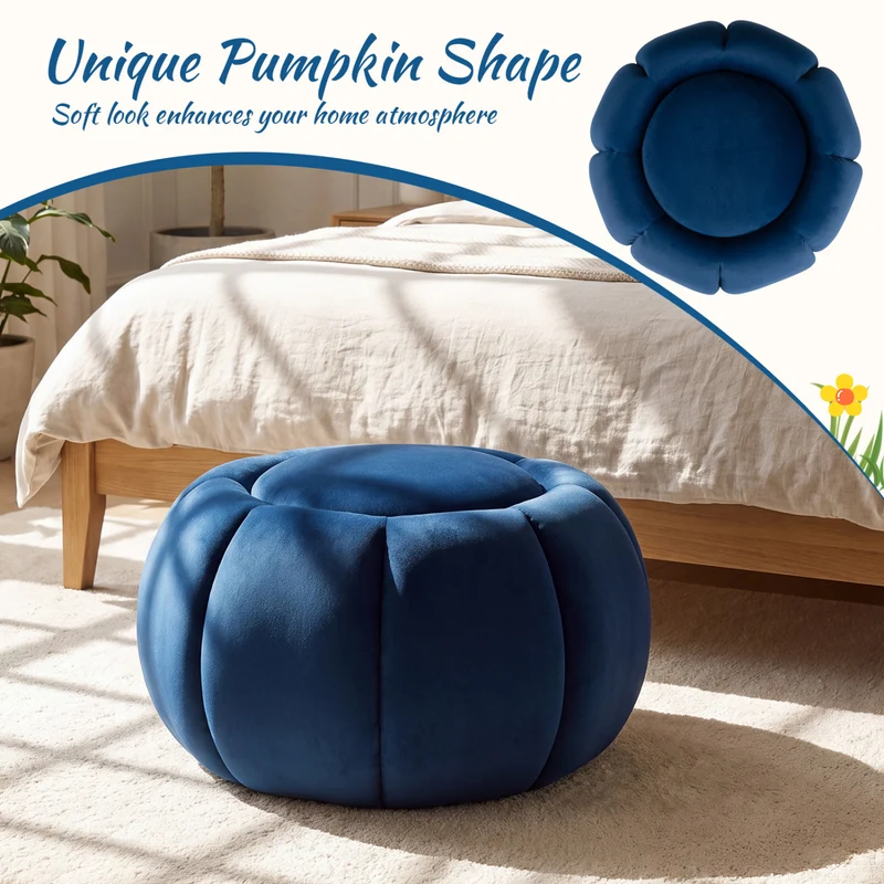 Pumpkin Ottoman, Hidden Storage, Removable Lid, Blue