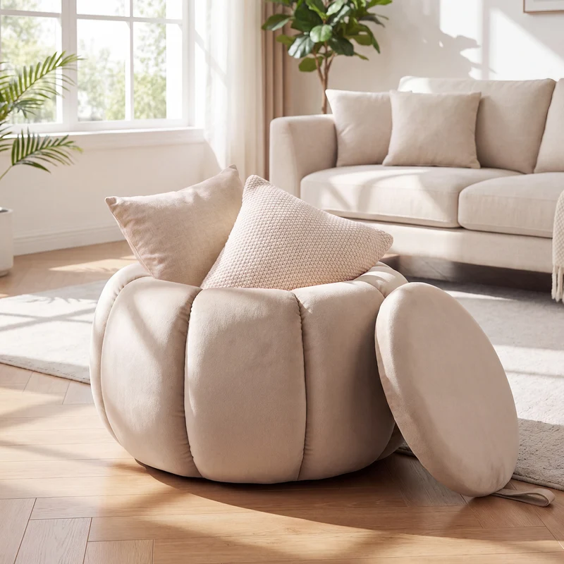 Pumpkin Ottoman, Hidden Storage, Removable Lid, Beige