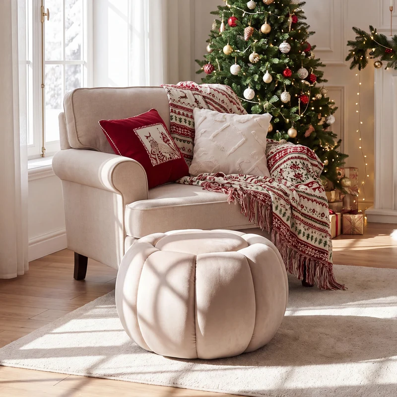 Pumpkin Ottoman, Hidden Storage, Removable Lid, Beige