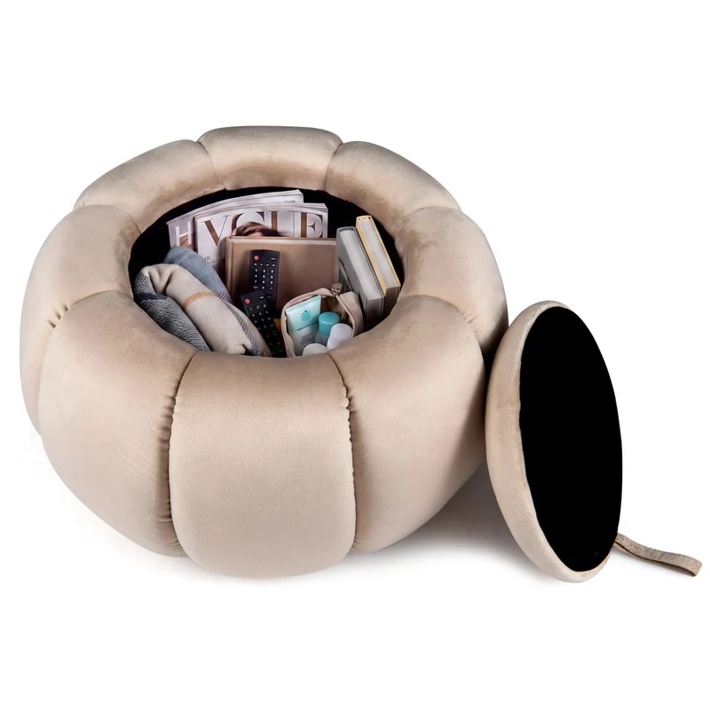 Pumpkin Ottoman, Hidden Storage, Removable Lid, Beige