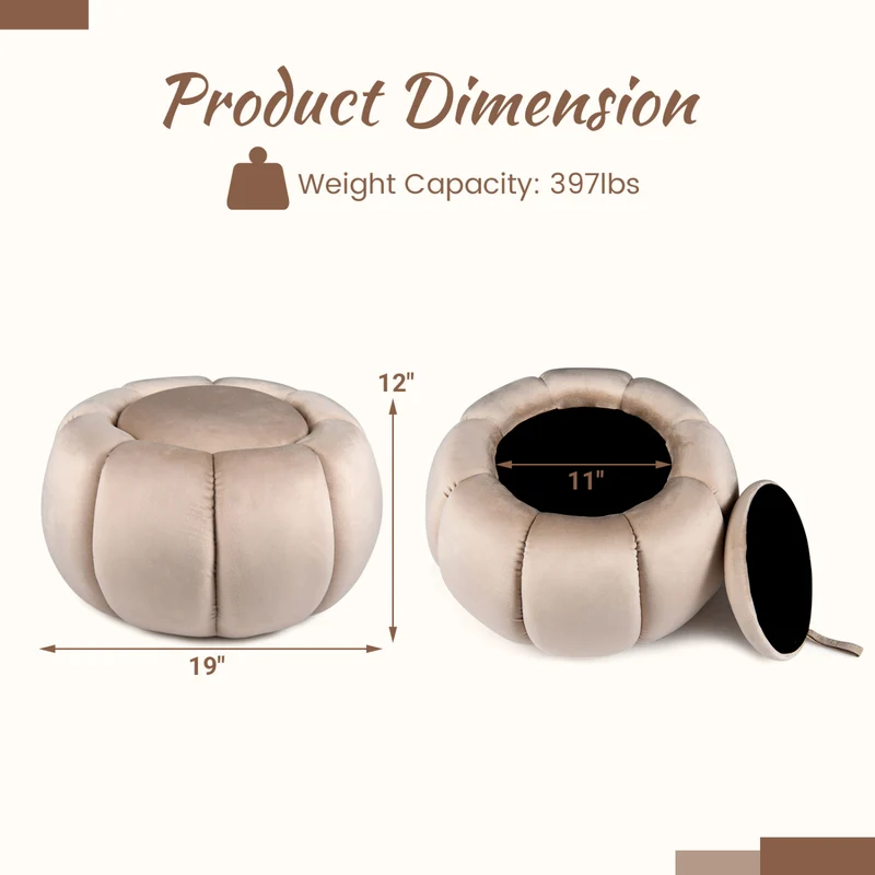 Pumpkin Ottoman, Hidden Storage, Removable Lid, Beige