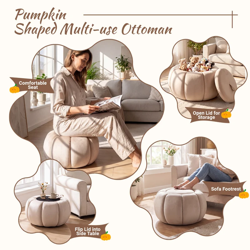 Pumpkin Ottoman, Hidden Storage, Removable Lid, Beige