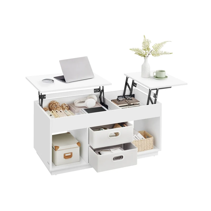 Table basse relevable avec tiroirs et rangements cachés