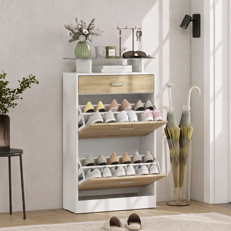 Slim Shoe Cabinet, 2 Flip Drawers, Adjustable Shelves, Drawer, Glass Top