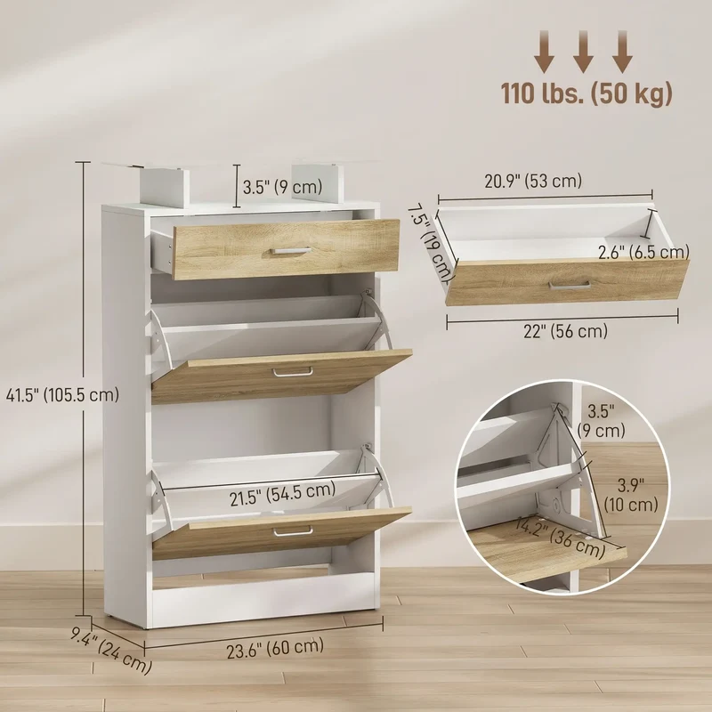 Slim Shoe Cabinet, 2 Flip Drawers, Adjustable Shelves, Drawer, Glass Top