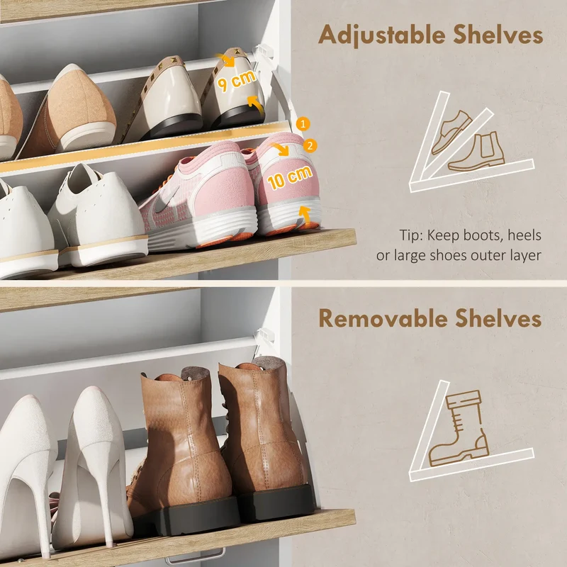 Slim Shoe Cabinet, 2 Flip Drawers, Adjustable Shelves, Drawer, Glass Top