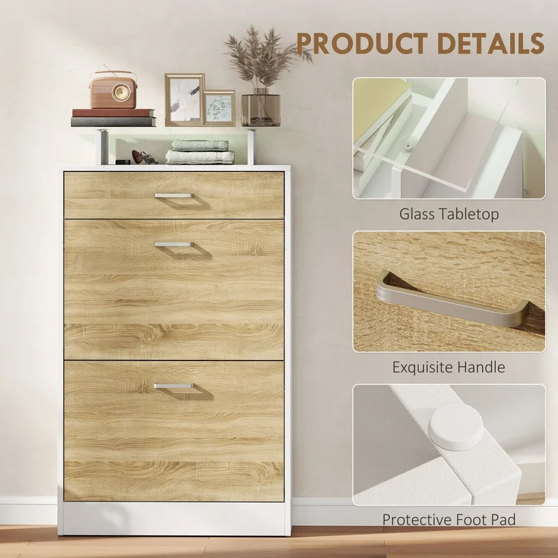 Slim Shoe Cabinet, 2 Flip Drawers, Adjustable Shelves, Drawer, Glass Top