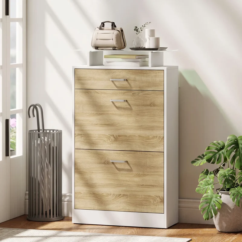 Slim Shoe Cabinet, 2 Flip Drawers, Adjustable Shelves, Drawer, Glass Top