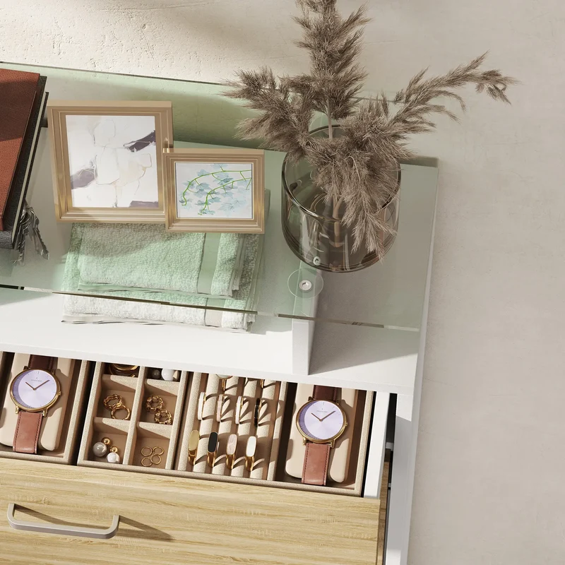 Slim Shoe Cabinet, 2 Flip Drawers, Adjustable Shelves, Drawer, Glass Top
