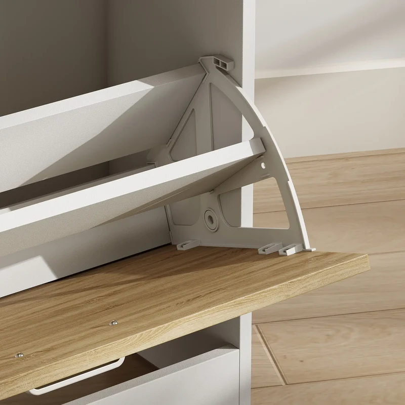 Slim Shoe Cabinet, 2 Flip Drawers, Adjustable Shelves, Drawer, Glass Top