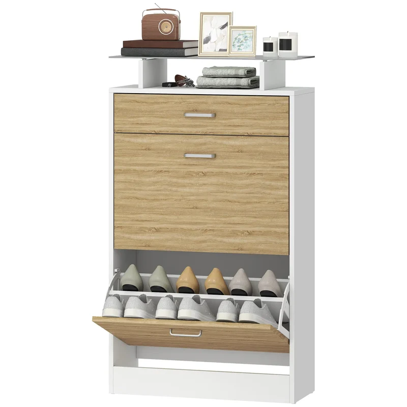 Slim Shoe Cabinet, 2 Flip Drawers, Adjustable Shelves, Drawer, Glass Top