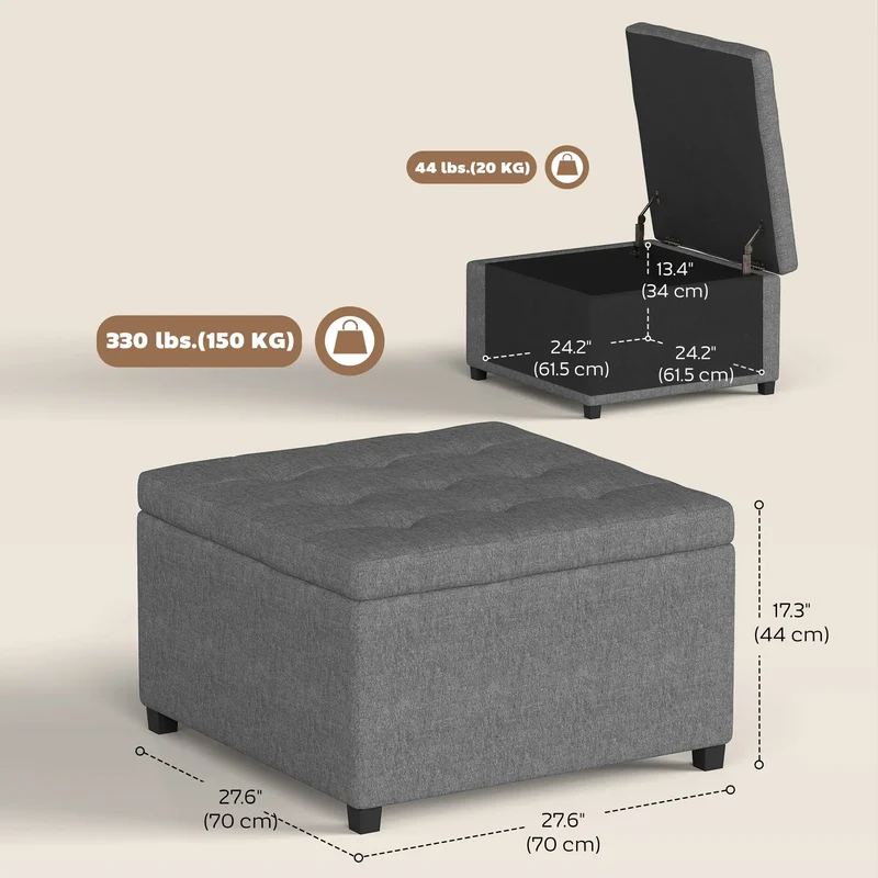 Tufted Storage Ottoman, Accent Bench Seat, Footrest Stool, Dark Grey, Dark Grey