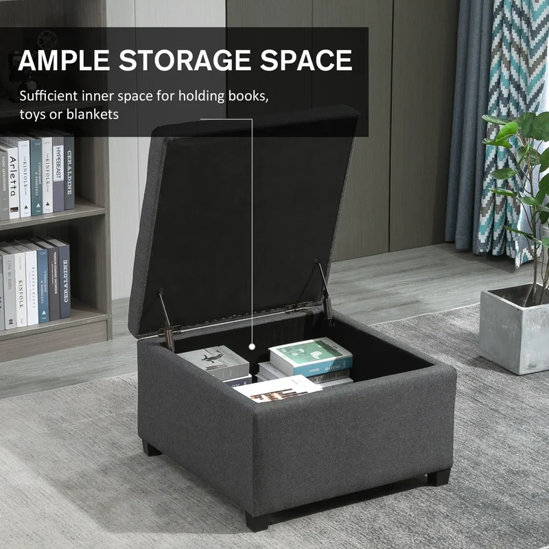 Tufted Storage Ottoman, Accent Bench Seat, Footrest Stool, Dark Grey, Dark Grey