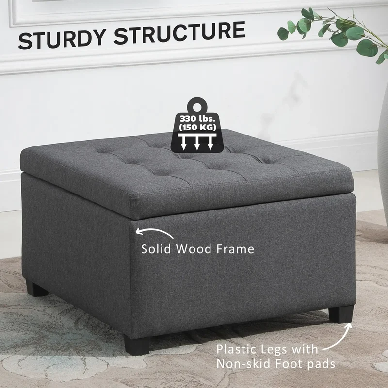 Tufted Storage Ottoman, Accent Bench Seat, Footrest Stool, Dark Grey, Dark Grey