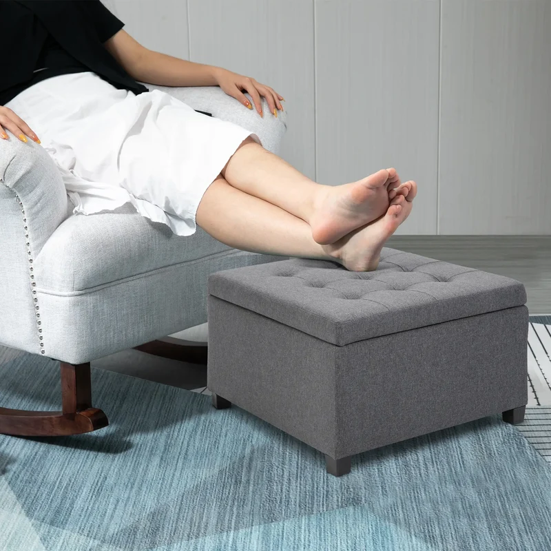 Tufted Storage Ottoman, Accent Bench Seat, Footrest Stool, Dark Grey, Dark Grey