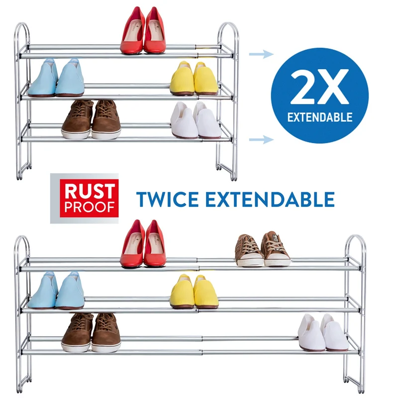 Tatkraft Maestro - Etagère à Chaussures en Acier Chromé 3 Etages, Porte-Chaussures Extensible, Meuble à Chaussures Réglable