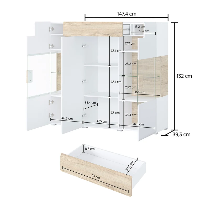 Buffet haut 3 portes 1 tiroir avec LED Jules Blanc et Bois