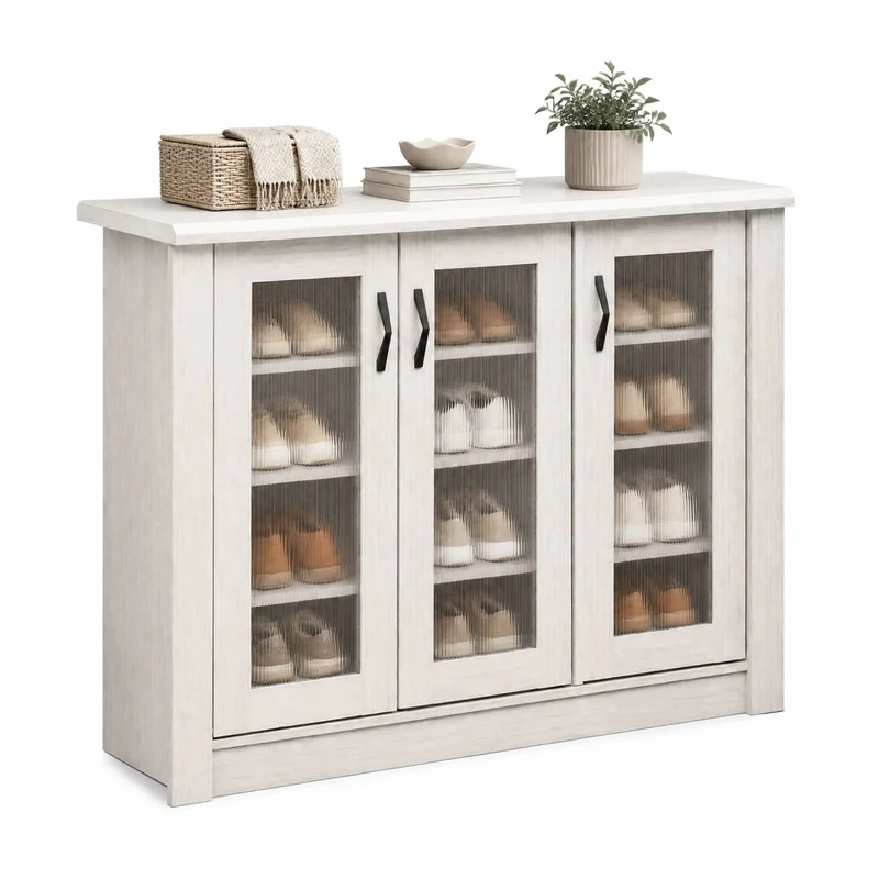3-Door Shoe Cabinet, Removable Shelves, Wooden Organizer, White