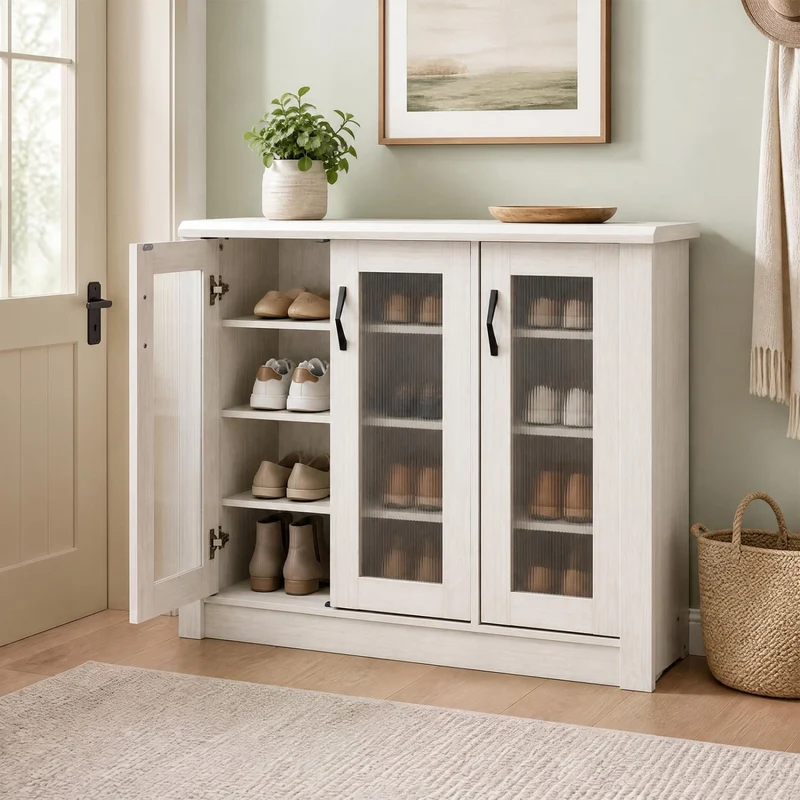3-Door Shoe Cabinet, Removable Shelves, Wooden Organizer, White