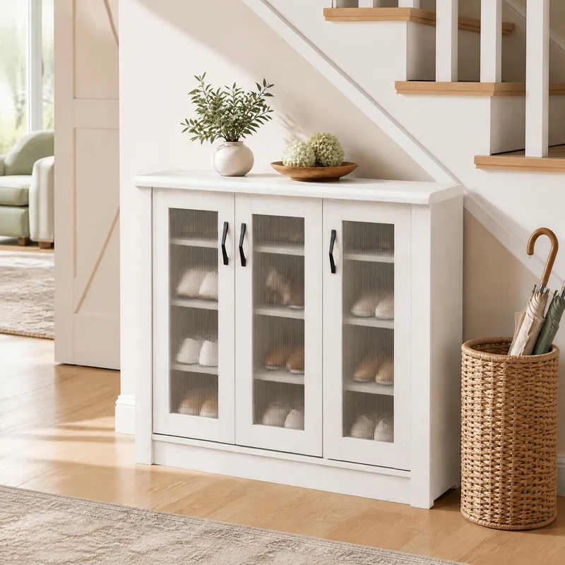 3-Door Shoe Cabinet, Removable Shelves, Wooden Organizer, White