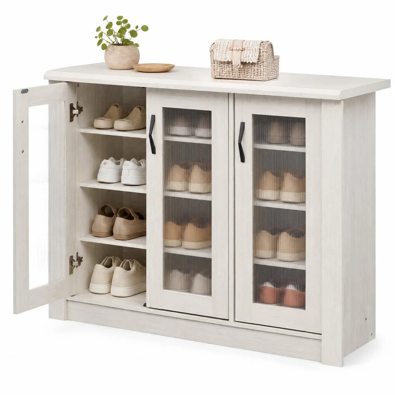 3-Door Shoe Cabinet, Removable Shelves, Wooden Organizer, White