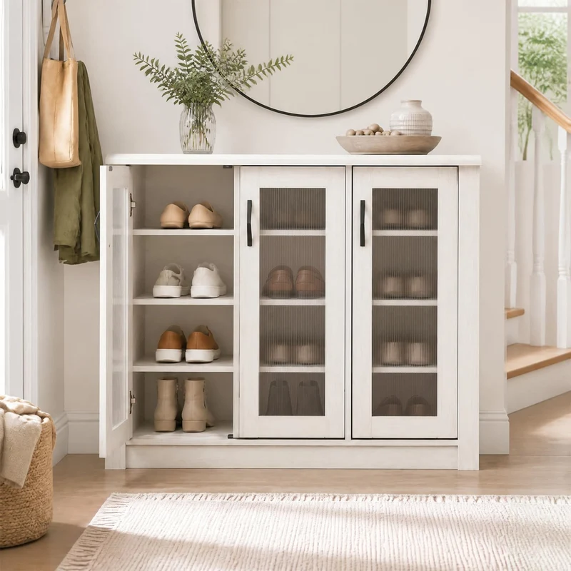 3-Door Shoe Cabinet, Removable Shelves, Wooden Organizer, White