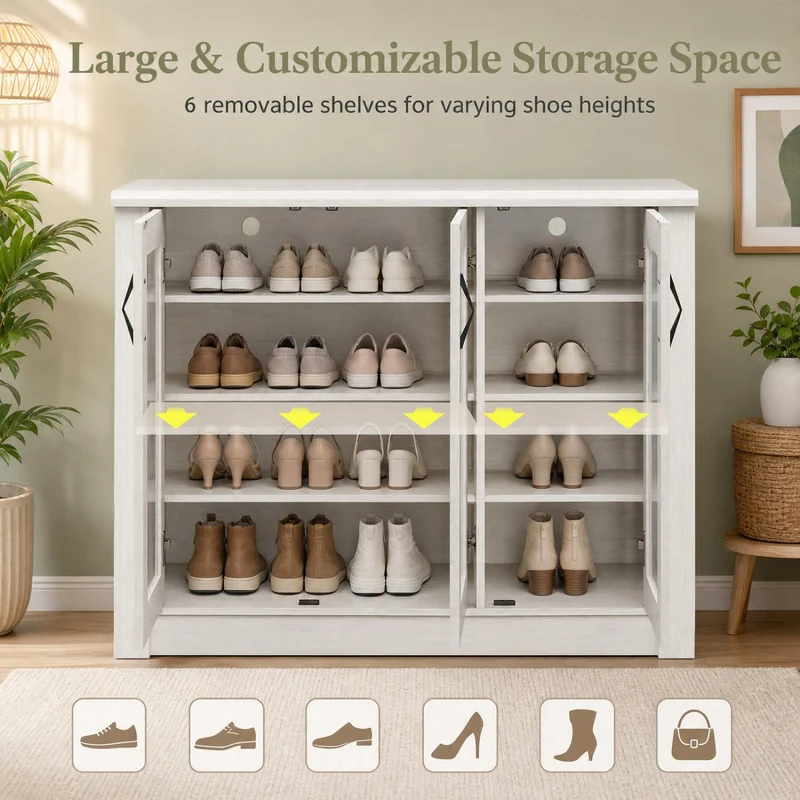 3-Door Shoe Cabinet, Removable Shelves, Wooden Organizer, White