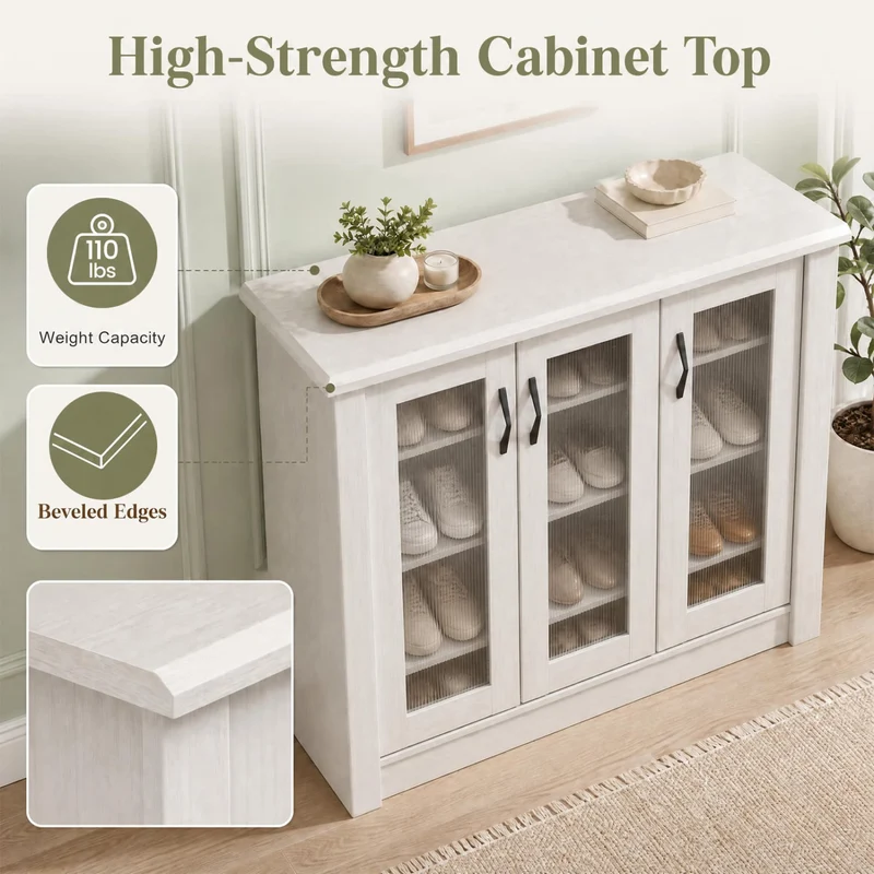3-Door Shoe Cabinet, Removable Shelves, Wooden Organizer, White
