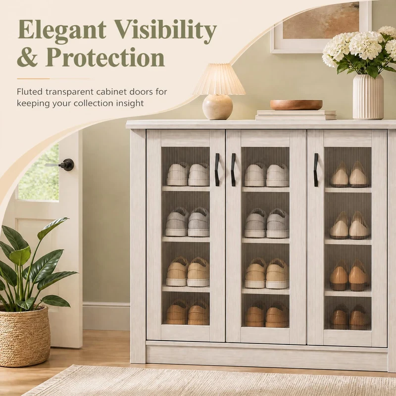 3-Door Shoe Cabinet, Removable Shelves, Wooden Organizer, White