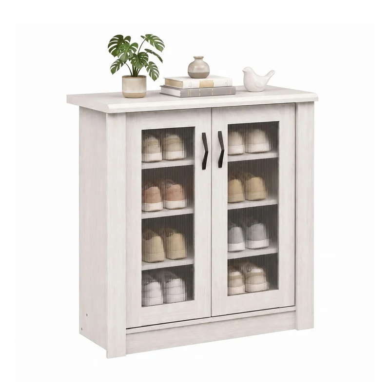 2-Door Wooden Shoe Cabinet, Removable Shelves Organizer, White