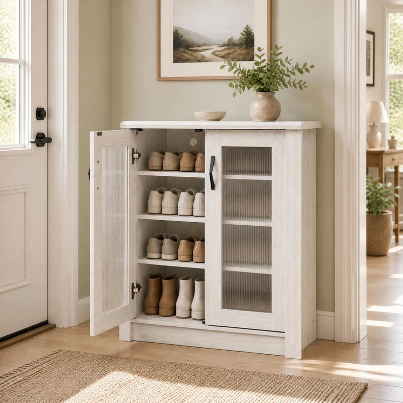 2-Door Wooden Shoe Cabinet, Removable Shelves Organizer, White