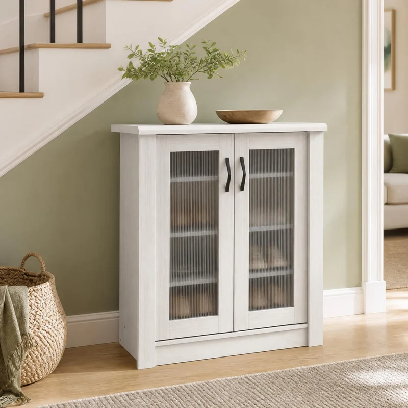 2-Door Wooden Shoe Cabinet, Removable Shelves Organizer, White