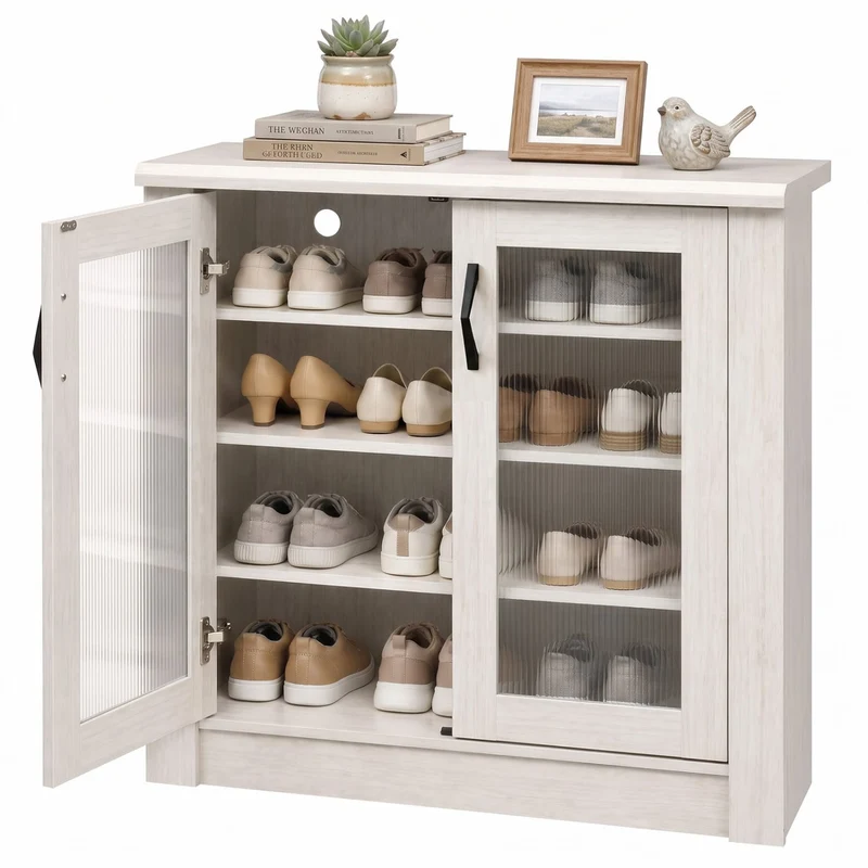 2-Door Wooden Shoe Cabinet, Removable Shelves Organizer, White