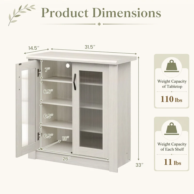 2-Door Wooden Shoe Cabinet, Removable Shelves Organizer, White