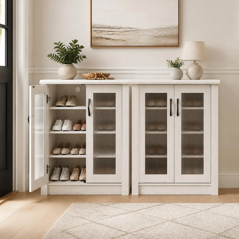 2-Door Wooden Shoe Cabinet, Removable Shelves Organizer, White
